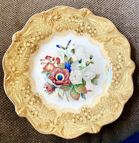 Antique Pratt Gold Transferware Plate Country French Botanical Floral Bouquet Peonies Cornflower Phlox #2
