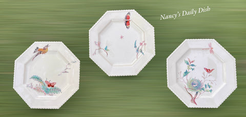 Aesthetic Movement Copeland Polychrome Botanical Octagon Plates Ferns Flowers Sparrow Birdnest Butterflies