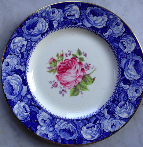 The Miniver Rose Blue English Transferware Plate Cabbage Roses Border w/ Painted Pink Rose and Lavender Flowers