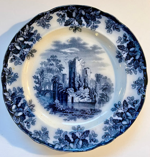 Circa 1852 Copeland Spode Ruins Oak leaves & Acorns Flow Blue Transfer
