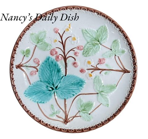 Antique Germany Majolica Flowers Berries & Leaves Pink Green Plate