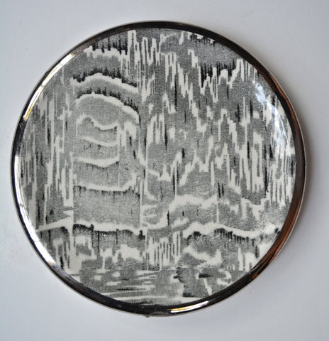 Circa 1934 Faux Bois Black English Transferware Trivet Hot Plate Silver Shield Wood Grain