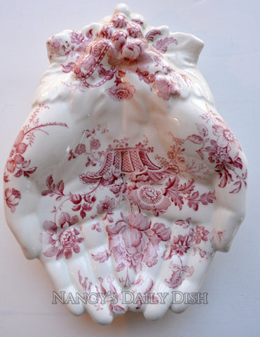 Red English Transferware Charlotte Floral  Open Hands Soap Dish Tray Staffordshire - Hand Shaped Trinket Dish