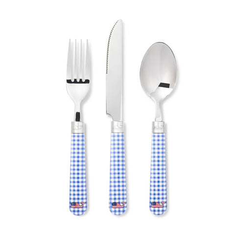 Blue Gingham Flatware Service for 1 - 3  piece set - Blue & White Checked Flatware