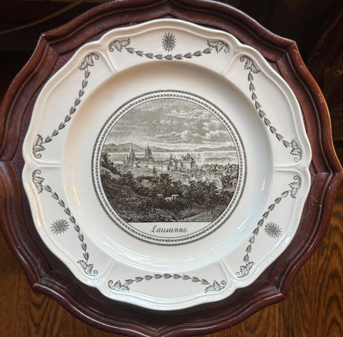 Antique Wedgwood Creamware Black Transferware Lausanne Switzerland Grazing Cattle Plate