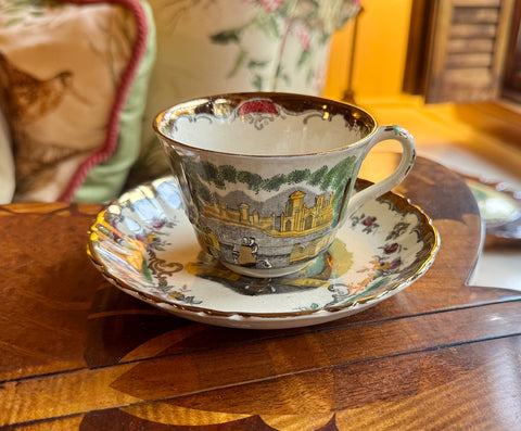 Masons Vista Leeds Polychrome Black Transferware Gold/Copper Lustre Teacup & Saucer