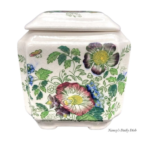 Green Polychrome Transferware Masons Tea Caddy Canister Pansies Flowers