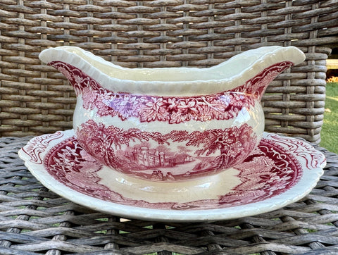 Masons Vista Red Transferware Planter or Sauce Boat w/ Underplate