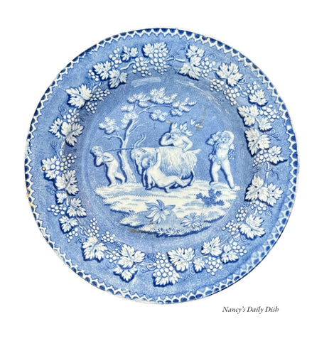 19C Blue Staffordshire Pearlware Plate Cherubs Playing w/ Goat Grapeleaf Border