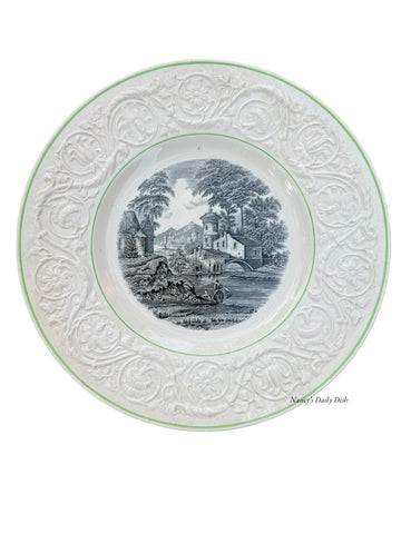 Antique Creamware Wedgwood Black Transferware Charger Plate Embossed Border French Country