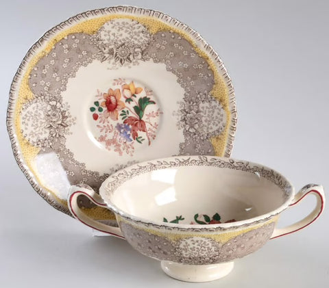 Butter Yellow Two Color Handled Cream Soup Bowl & Plate Royal Doulton Pink Purple Tulips Roses Flowers