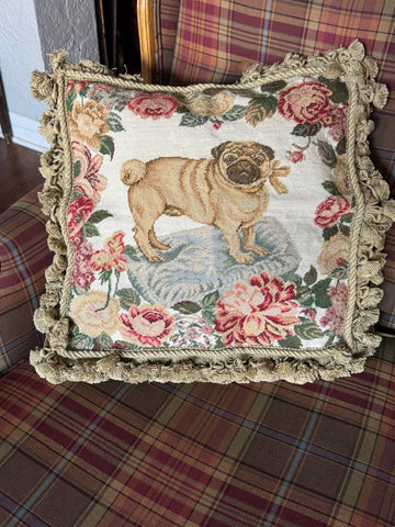 French Pug on a Blue Pillow Needlepoint Cover Ribbon Pink Roses Floral