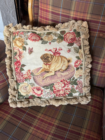 French Pug on a Pillow Cover Pink Ribbon š Roses Floral Needlepoint