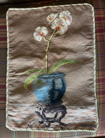 Potted Orchids in Blue Fish Bowl Hand Stitched Wool Needlepoint Pillow Cover