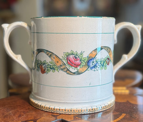 Large Antique Floral Polychrome Clobbered Staffordshire Transferware Loving Cup / Trophy