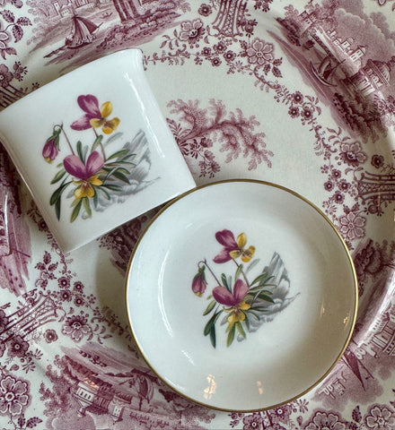 Vintage English Worcester Purple Yellow Pansies & Blue Gentian Flowers Boxed Set Plate & Matches / Toothpick / Cigarette Holder