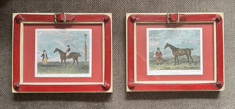 Pair Antique English Victorian Equestrian Horse 🐎 Rider Framed Hand Tinted Engravings / Prints Leather Belted Frame