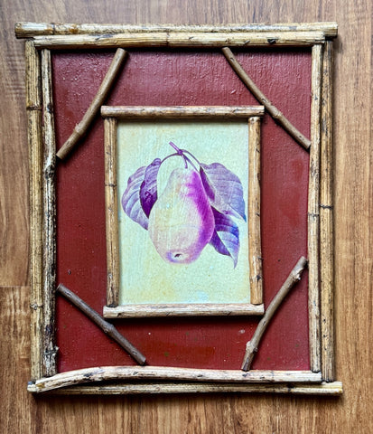 Vintage Pear 🍐 Fruit Print on Board w/ Distressed Bamboo & Twig Frame & Hand Painted Border