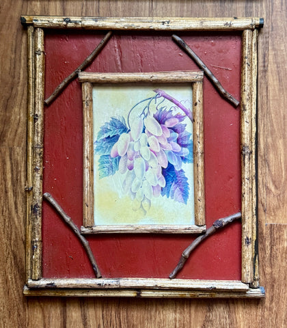 Vintage White 🍇 Grapes Fruit Print on Board w/ Distressed Bamboo & Twig Frame & Hand Painted Border