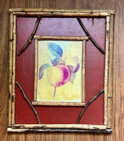 Vintage Apple 🍎 Fruit Print on Board w/ Distressed Bamboo & Twig Frame & Hand Painted Border