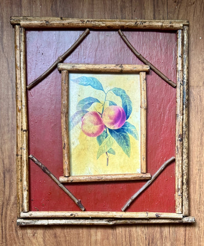 Vintage Peach 🍑 Fruit Print on Board w/ Distressed Bamboo & Twig Frame & Hand Painted Border
