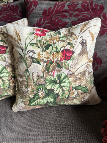 Scalamandre Edwin's Covey Custom Hand Made 18 x 18 Pillow Cover Quail Woodland Flowers