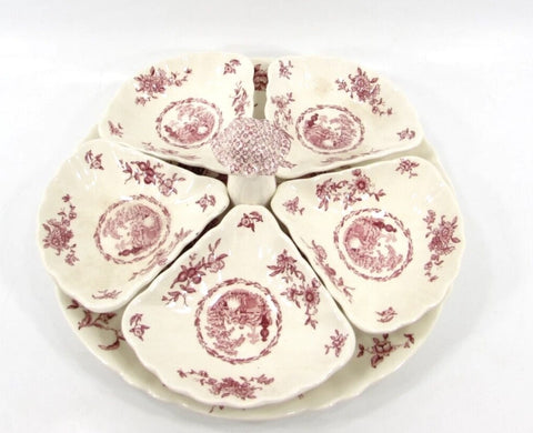 RARE Masons Vintage English Ironstone Red Transferware Serving Tray w/  5 Triangle Relish Dish