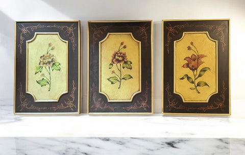 Set of 3 Vintage Framed Botanical Floral Painted Plaques