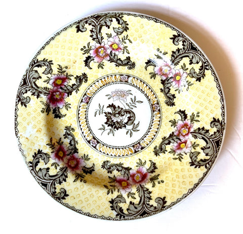 RARE Antique Yellow Pink & Brown Transferware Plate Circa 1830-40 Staffordshire