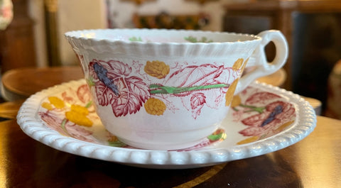 Vntg Red Transferware Teacup & Saucer Spode Copeland Grazing Cows š RURAL SCENES by DUNCAN Hops Border