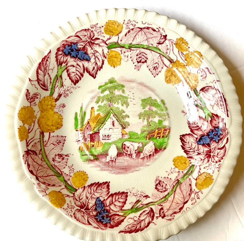 Vntg Red Transferware Plate Saucer Spode Copeland Grazing Cows π RURAL SCENES by DUNCAN Hops Border