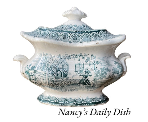 Antique Children's China Woodlark Girl w/ Birdcage Sugar Bowl Teal Transferware Green 19th Century