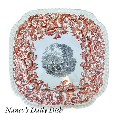 Vintage 2 Color Transferware Square Plate Rust Red & Black Spode Copeland European Scenery