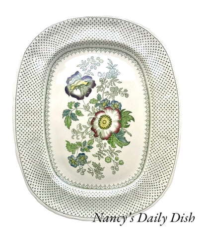 XL Vintage Green Transferware Platter Masons Paynsley Pansies Flowers Fleur De Lis Floral Toile