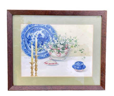 Flowers & Blue Transferware Tabletop Vignette Print Framed & Matted