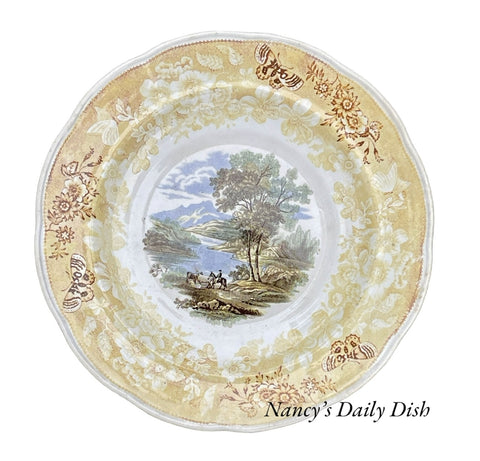 Circa 1818-46 RARE Yellow Butterfly Border THREE Color Transferware Plate Enoch Woods
