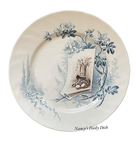 2 Color Teal Blue & Brown Transferware Plate French Creil Et Montereau Ironstone Terre De Fer