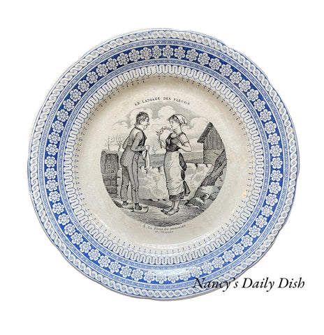 Choisy Le Roi 2 Color Blue & Black Transferware Plate French Le Langage Des Fleurs 4 Fleur du Pommier