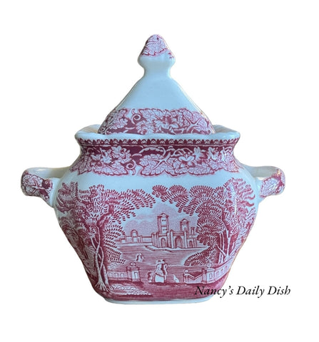 Vintage Sq Red Transferware Masons Vista Dual Handle Sugar Bowl