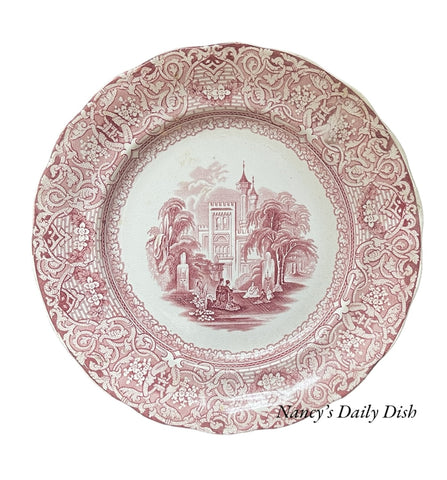 Antique 19th Century Red Transferware Lily of the Valley Garden Buda Plate brickwork Border