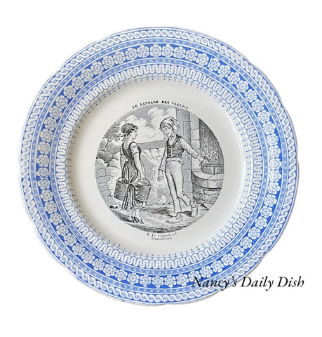 Choisy Le Roi 2 Color Blue & Black Transferware Plate French Le Langage Des Fleurs 6 le coquelicot consolation