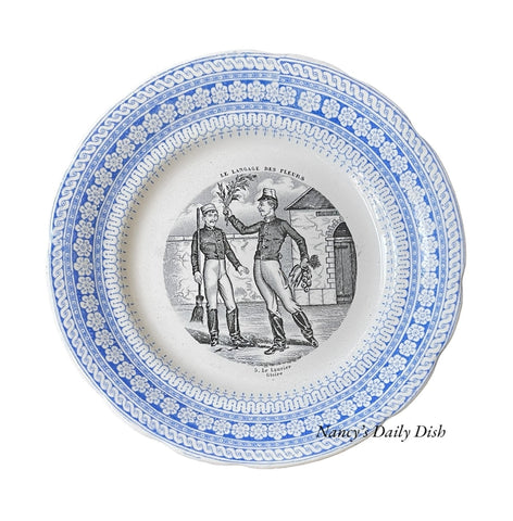 #5 Le Laurier Gloire 2 Color Blue & Black Transferware Plate French Le Langage Des Fleurs Choisy Le Roi