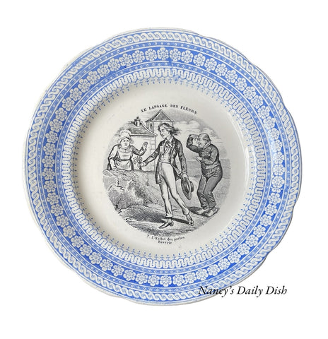 #7 L’œillet des Poëtes Reverie 2 Color Blue & Black Transferware Plate French Le Langage Des Fleurs Choisy Le Roi