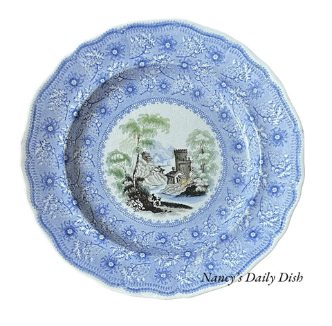 Early 19th Century Davenport Watermill & Castle on the Lake Staffordshire 3 Color Transferware Plate