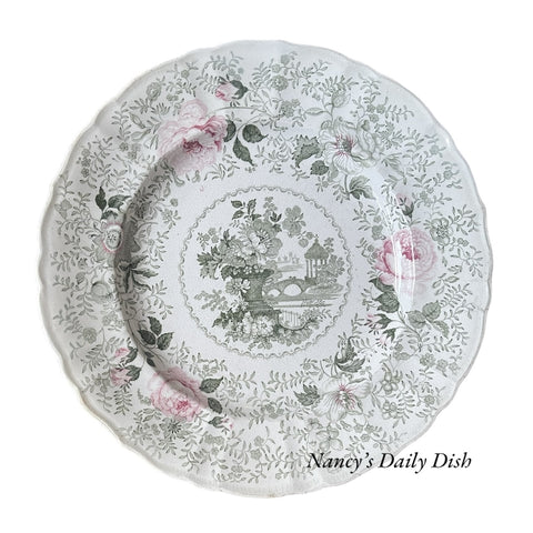 STUNNING circa 1835 Rare Pink Green Two Color Transferware Plate New Stone China Roses Urn
