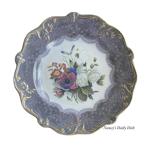 Antique Lavender Transferware Pratt Ware Plate Country French Botanical Floral Bouquet Peonies Cornflower Phlox Hand Painted