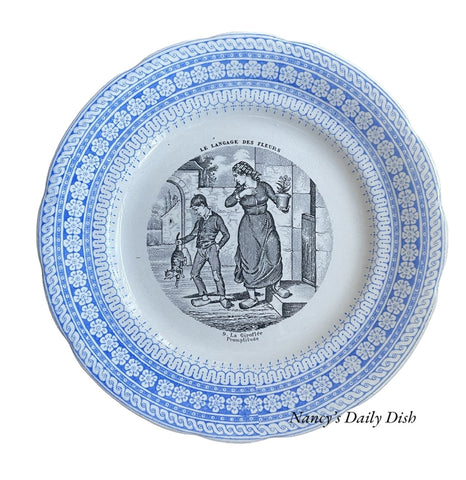 #9 La Giroflée Promptitude 2 Color Blue & Black Transferware Plate French Le Langage Des Fleurs Choisy Le Roi
