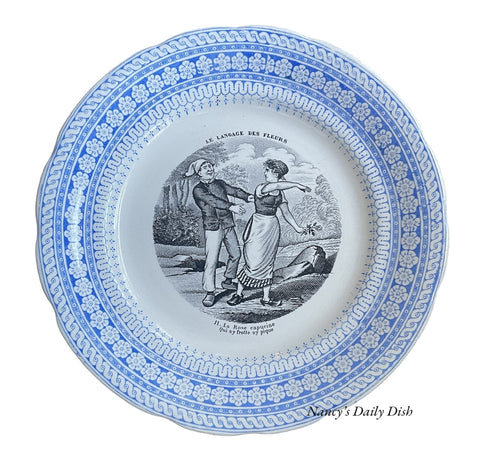 #11 La Rosa Capucine 2 Color Blue & Black Transferware Plate French Le Langage Des Fleurs Choisy Le Roi
