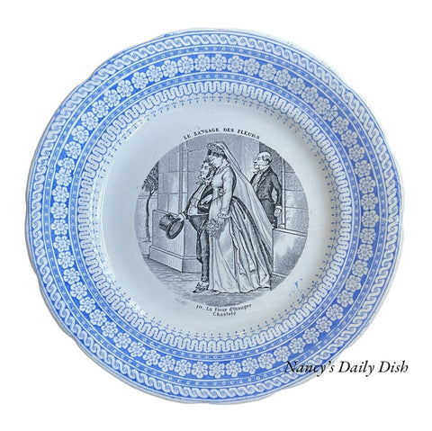 #10 La Fleur D’Oranger Chasteté 2 Color Blue & Black Transferware Plate French Le Langage Des Fleurs Choisy Le Roi