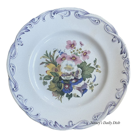 Antique Lavender Transferware Pratt Ware Plate Country French Pansies Morning Glory Botanicals